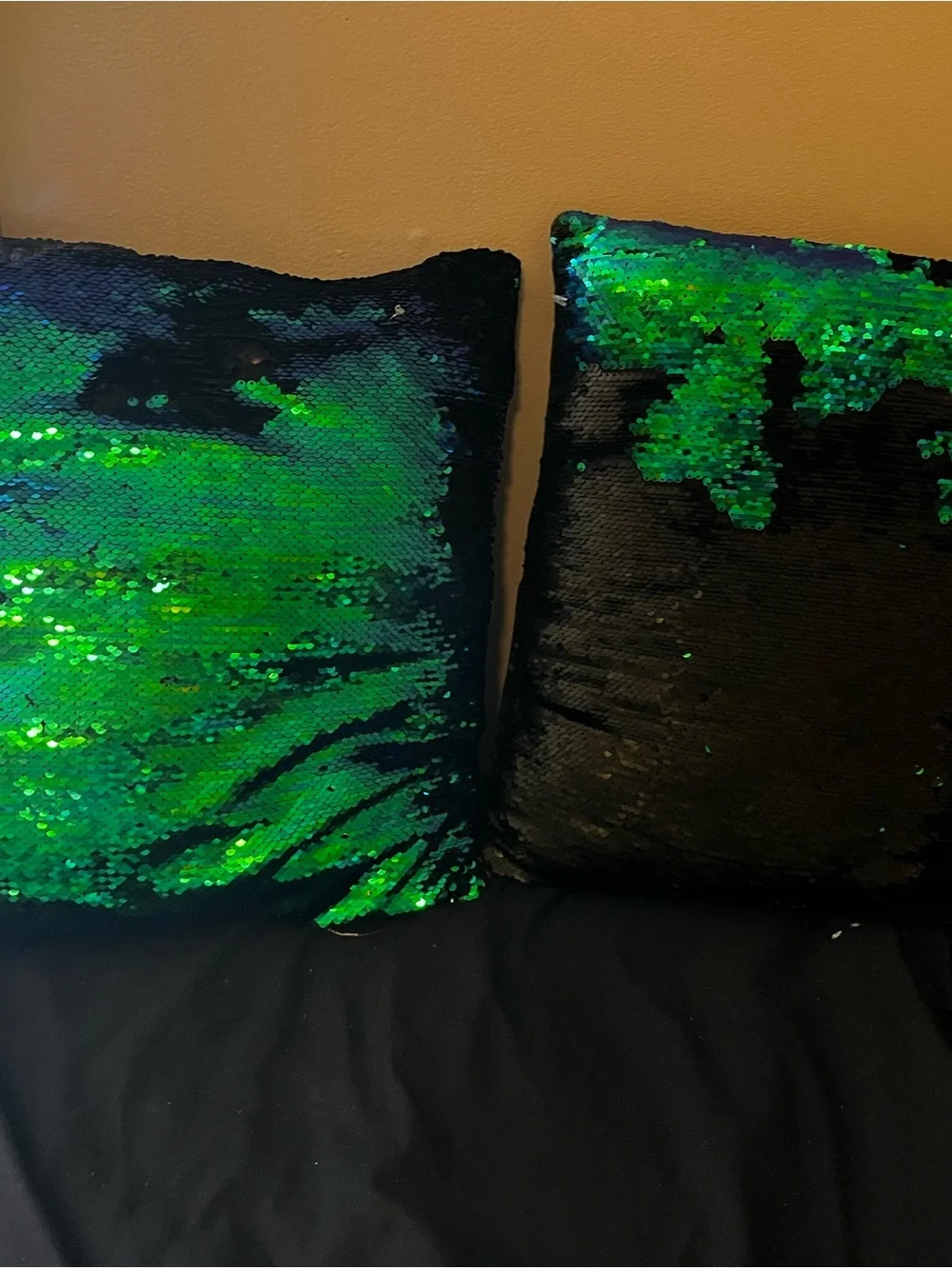 2 Reversible Sequin Pillow Covers - Green and Black